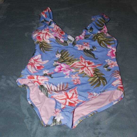 Kona Sol - Ruffle Neck One Piece Floral Bathing Suit - Size L 12-14 NWT - Picture 9 of 12